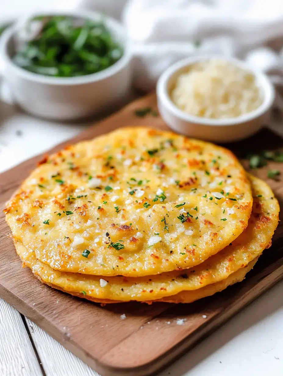 Two golden, crispy flatbreads topped with herbs and spices are served on a wooden board, accompanied by bowls of greens and grated cheese.