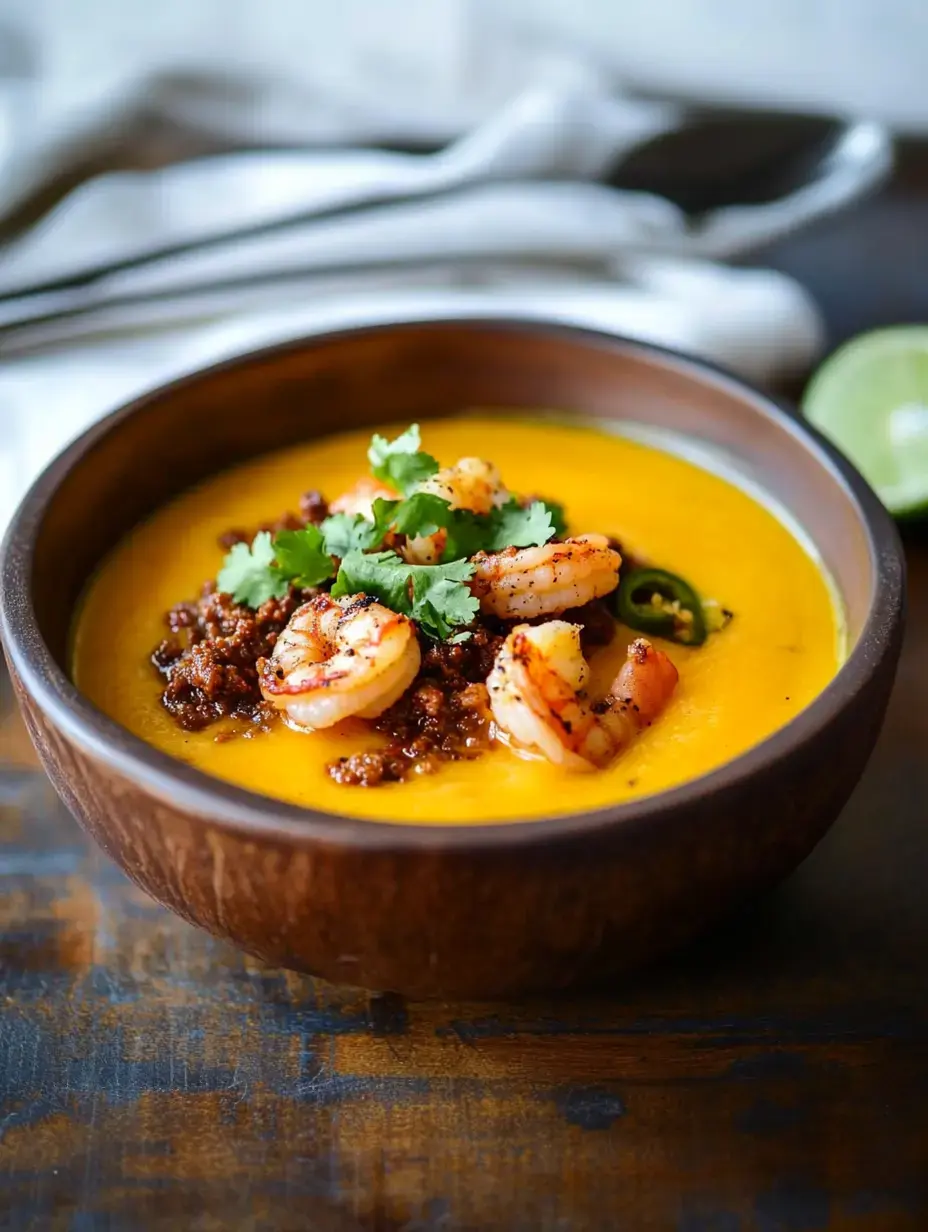 A wooden bowl filled with vibrant yellow soup topped with shrimp, crispy bits, and fresh cilantro, with a lime half and utensils in the background.