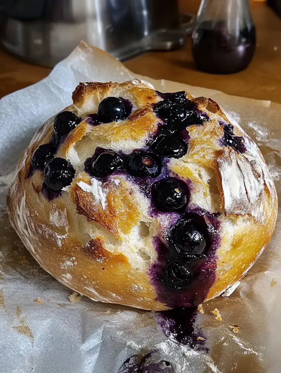 A freshly baked loaf of bread with blueberries bursting and oozing purple juice is placed on parchment paper.