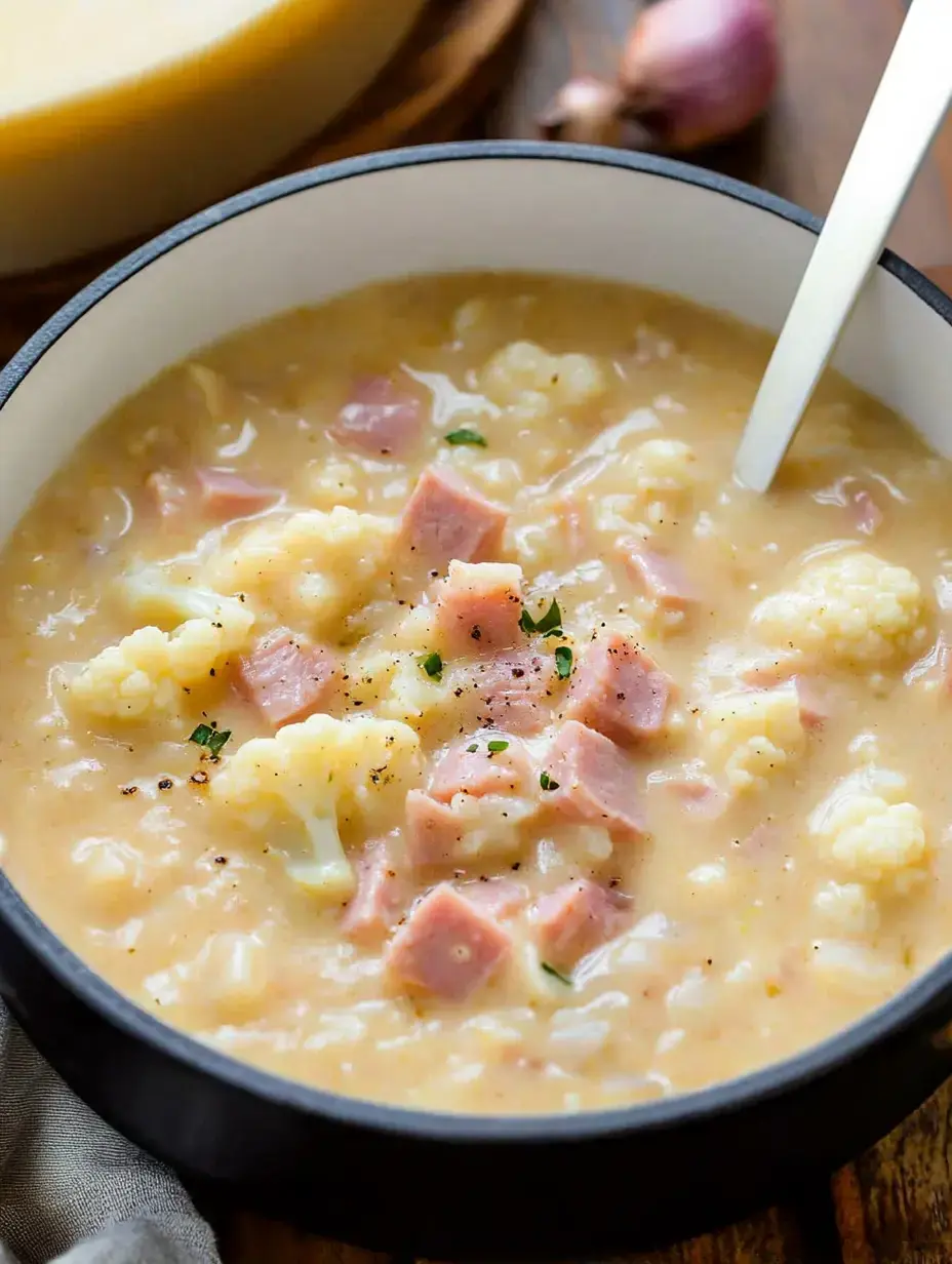 A close-up view of a creamy cauliflower and ham soup in a black bowl, garnished with herbs and pepper.