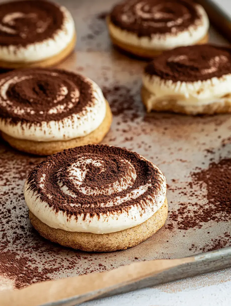 A close-up of several round cookies with a creamy topping dusted with cocoa powder, arranged on a baking sheet.