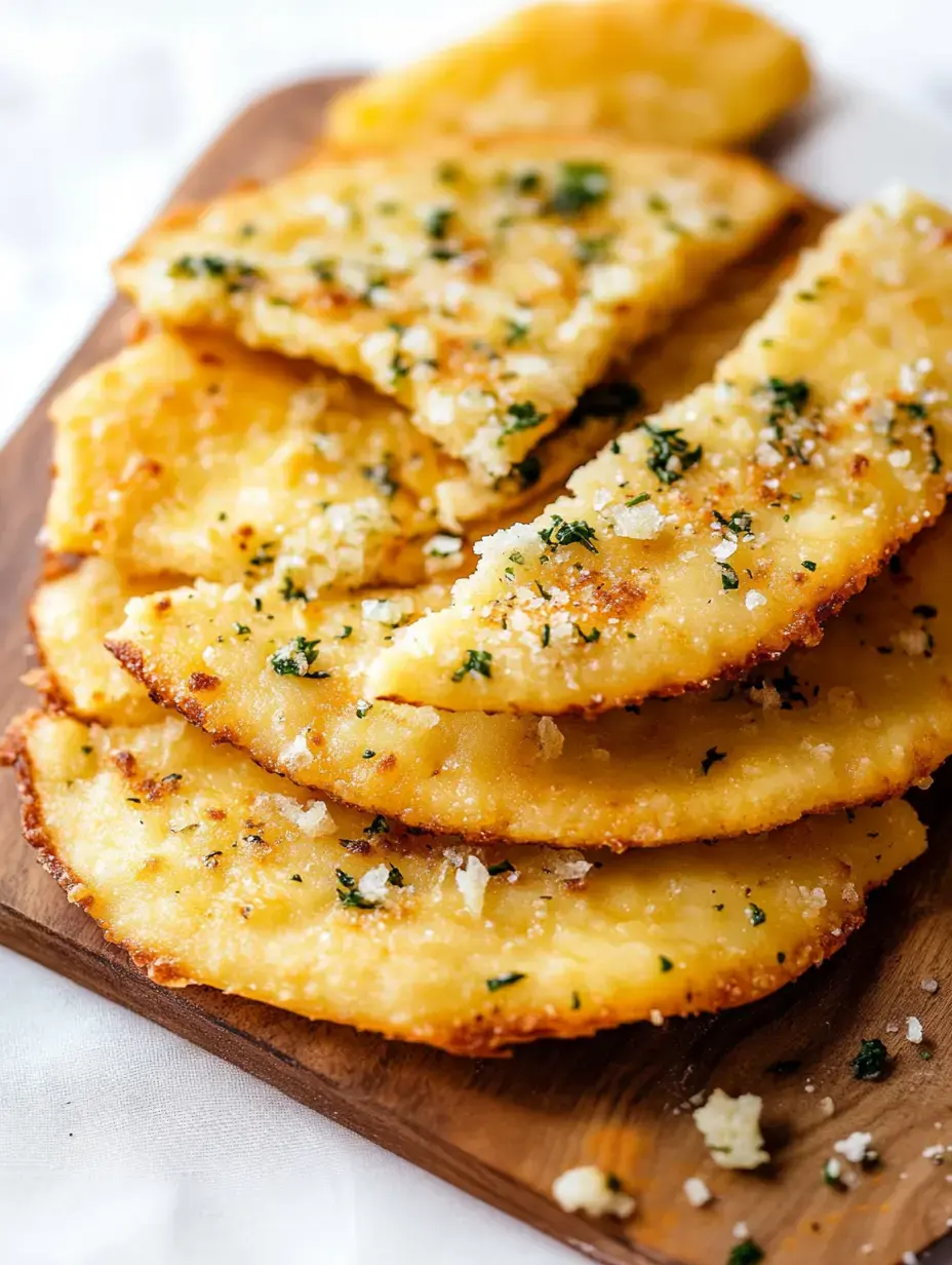 A plate of crispy, golden fried potato slices, garnished with herbs and breadcrumbs, served on a wooden board with a lemon wedge.