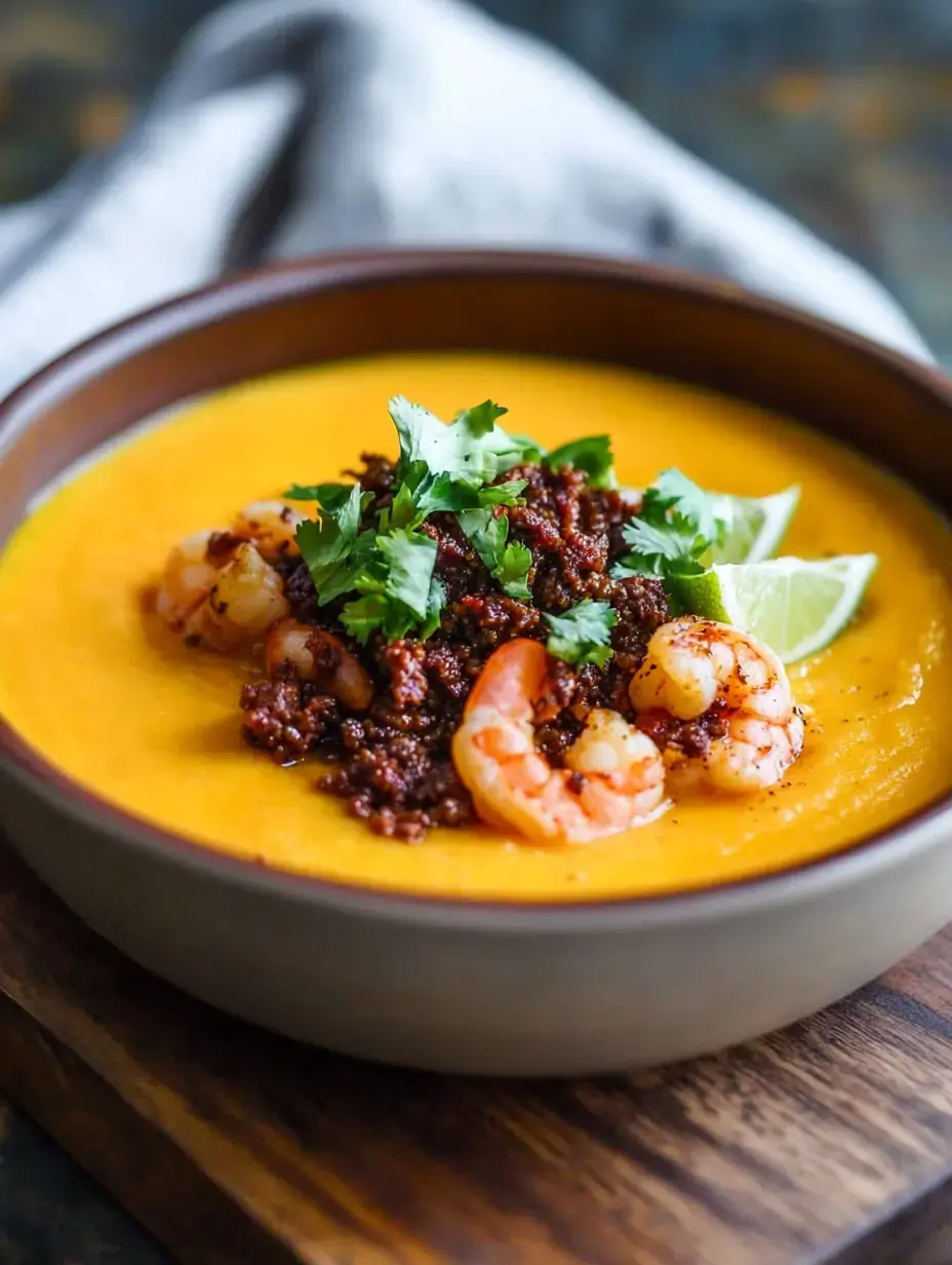 A bowl of vibrant orange soup topped with shrimp, crumbled chorizo, fresh cilantro, and lime wedges.