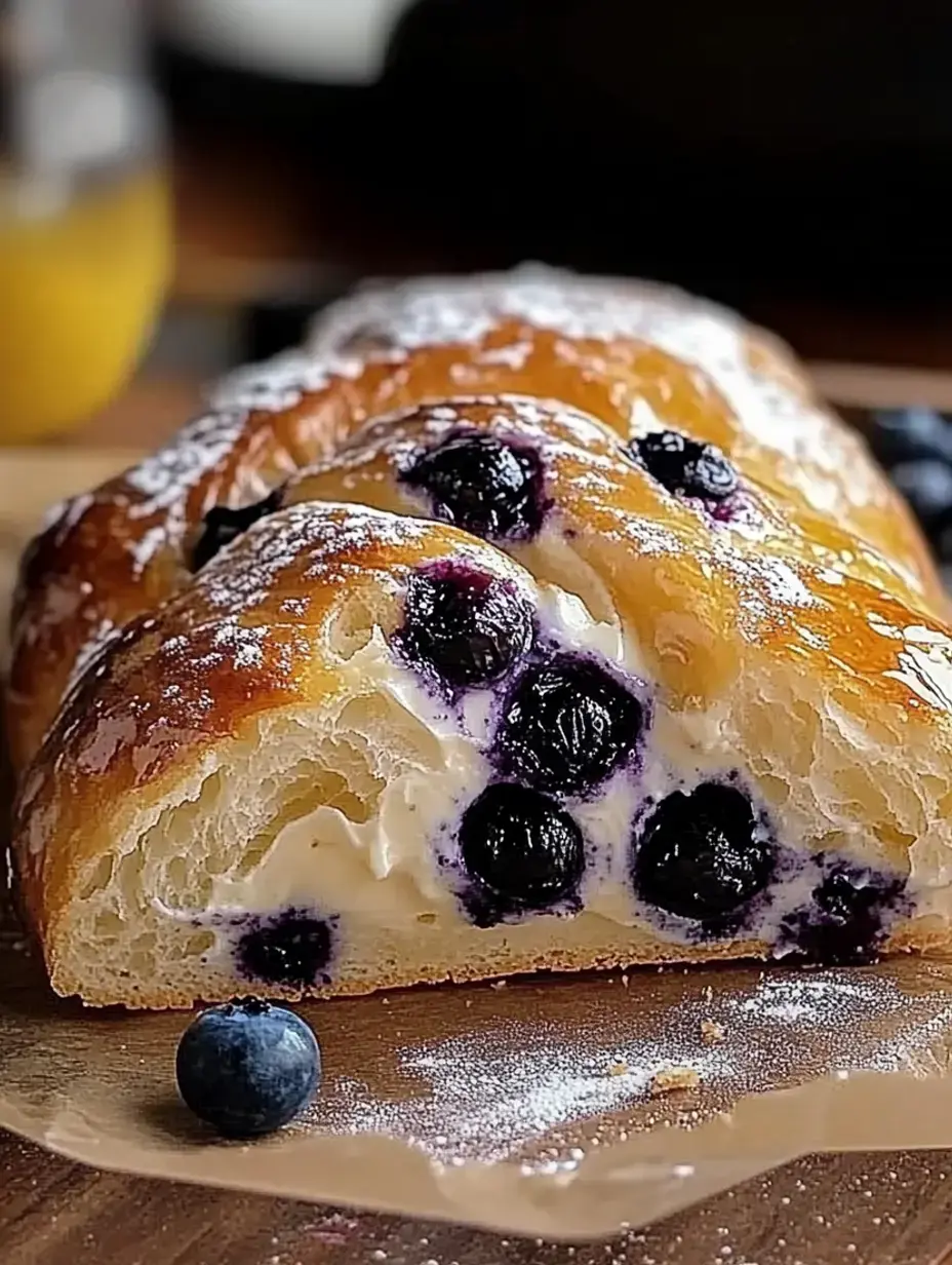 A sliced blueberry pastry is displayed, revealing a flaky texture and cream filling, with fresh blueberries scattered nearby.