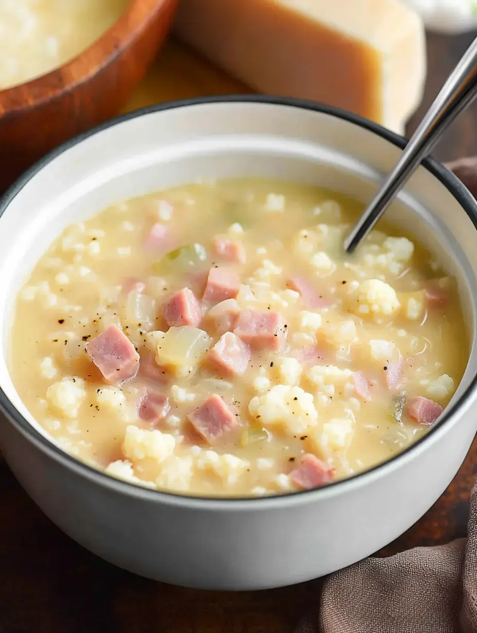 A bowl of creamy soup filled with diced ham, cauliflower, and seasonings, accompanied by a wooden bowl and a block of cheese in the background.