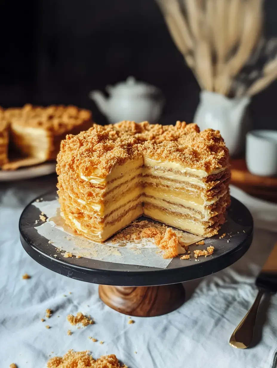 A multi-layered cake with a crumbly topping sits on a cake stand, showcasing a slice that reveals its creamy filling and crispy layers.