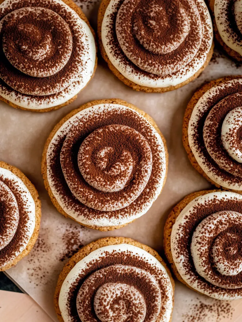 A close-up view of several round cookies topped with white frosting and dusted with cocoa powder.