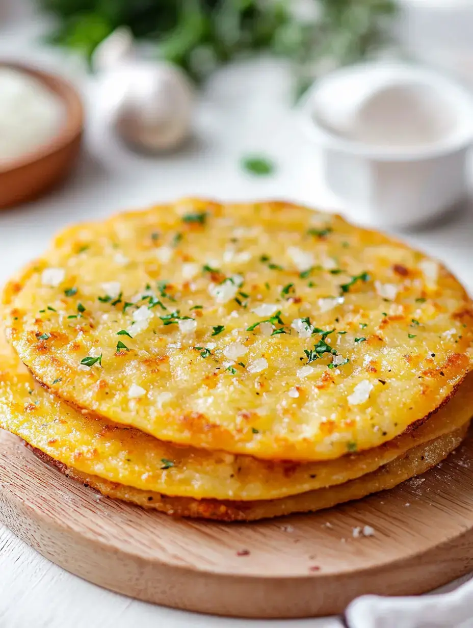 Two golden-brown, crispy flatbreads garnished with chopped herbs and coarse salt, sitting on a wooden board, with garlic and a small bowl of dipping sauce in the background.