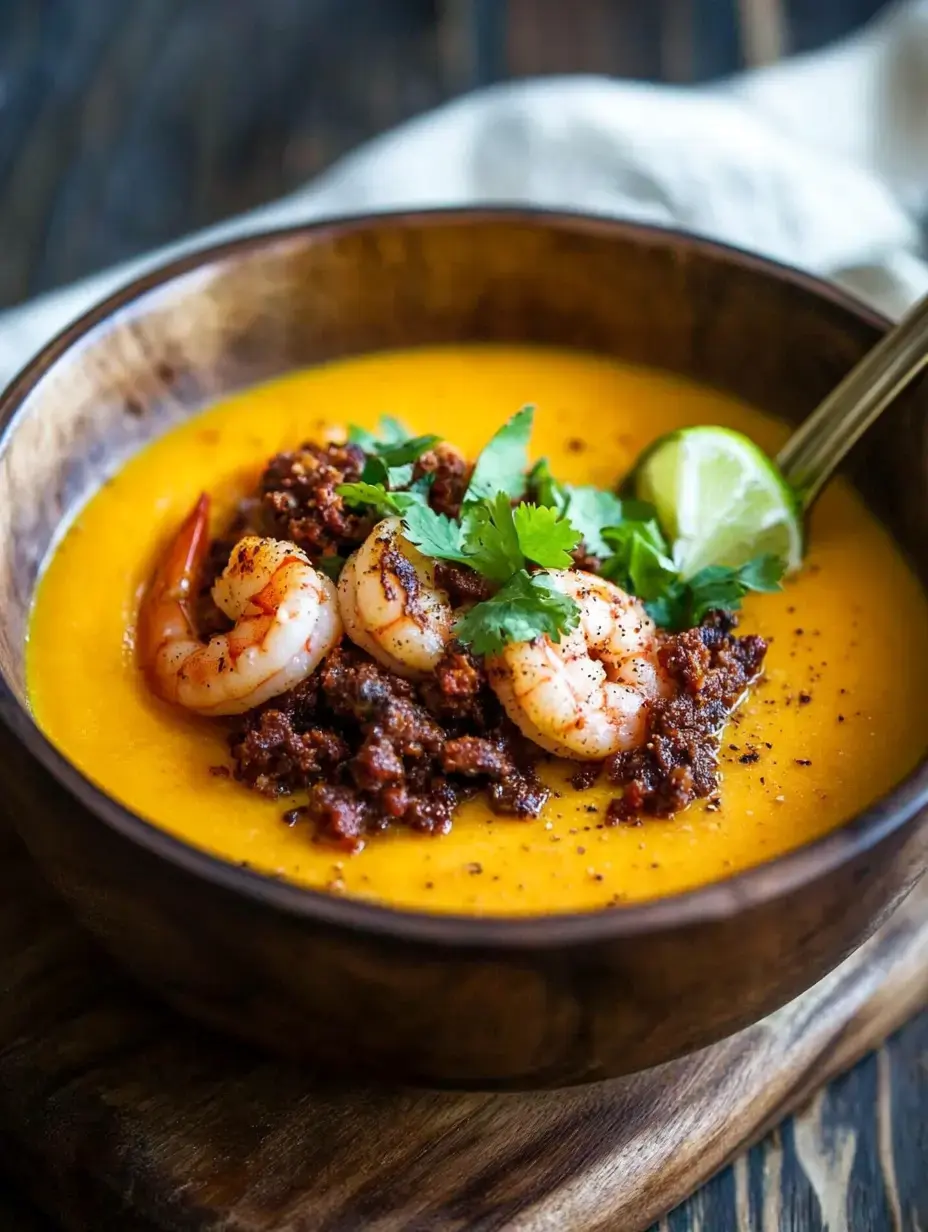 A wooden bowl filled with vibrant orange soup topped with shrimp, spice crumble, fresh cilantro, and a lime wedge.