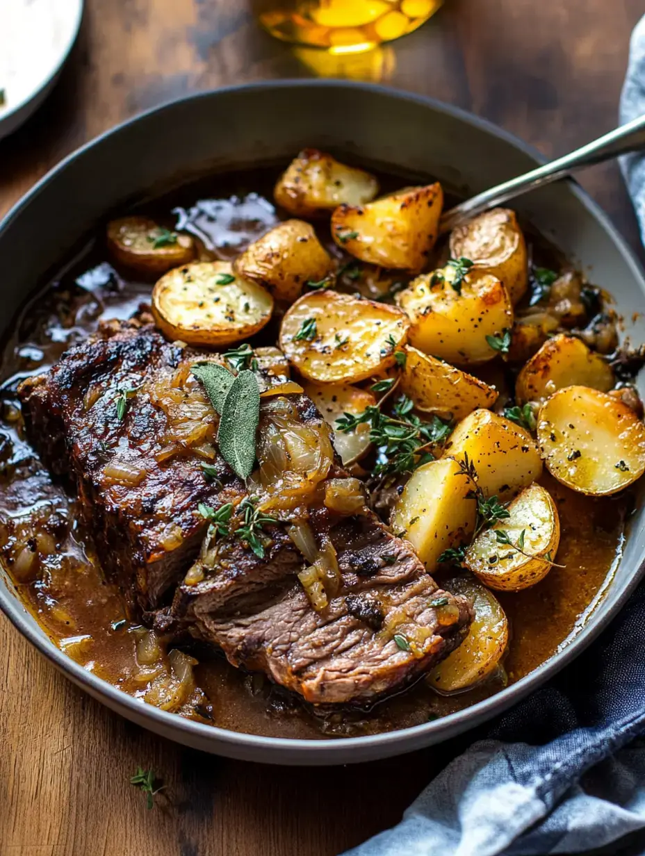 A close-up of a dish featuring tender beef roast topped with onions and herbs, served with roasted golden potatoes in a savory sauce.