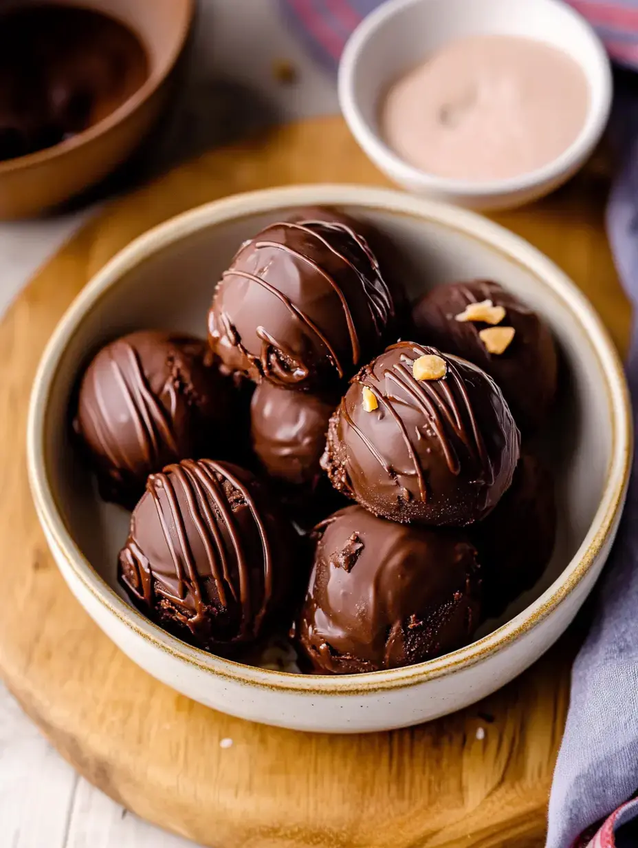 A bowl of chocolate-covered dessert balls drizzled with chocolate and topped with nuts, accompanied by a small bowl of dipping sauce.