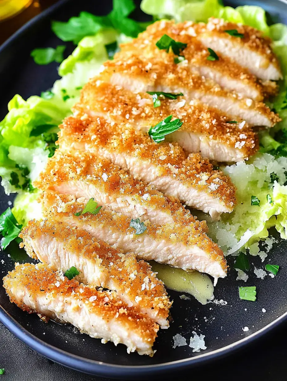 A plate of sliced, breaded and crispy chicken breast garnished with green herbs, served on a bed of lettuce.