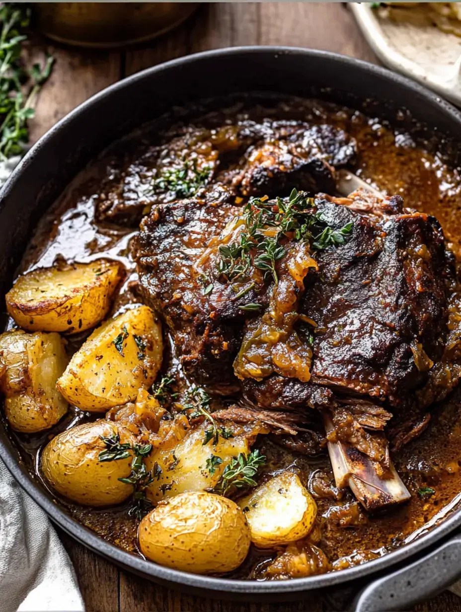 A flavorful pot of braised beef with crispy roasted potatoes, garnished with herbs in a rich sauce.