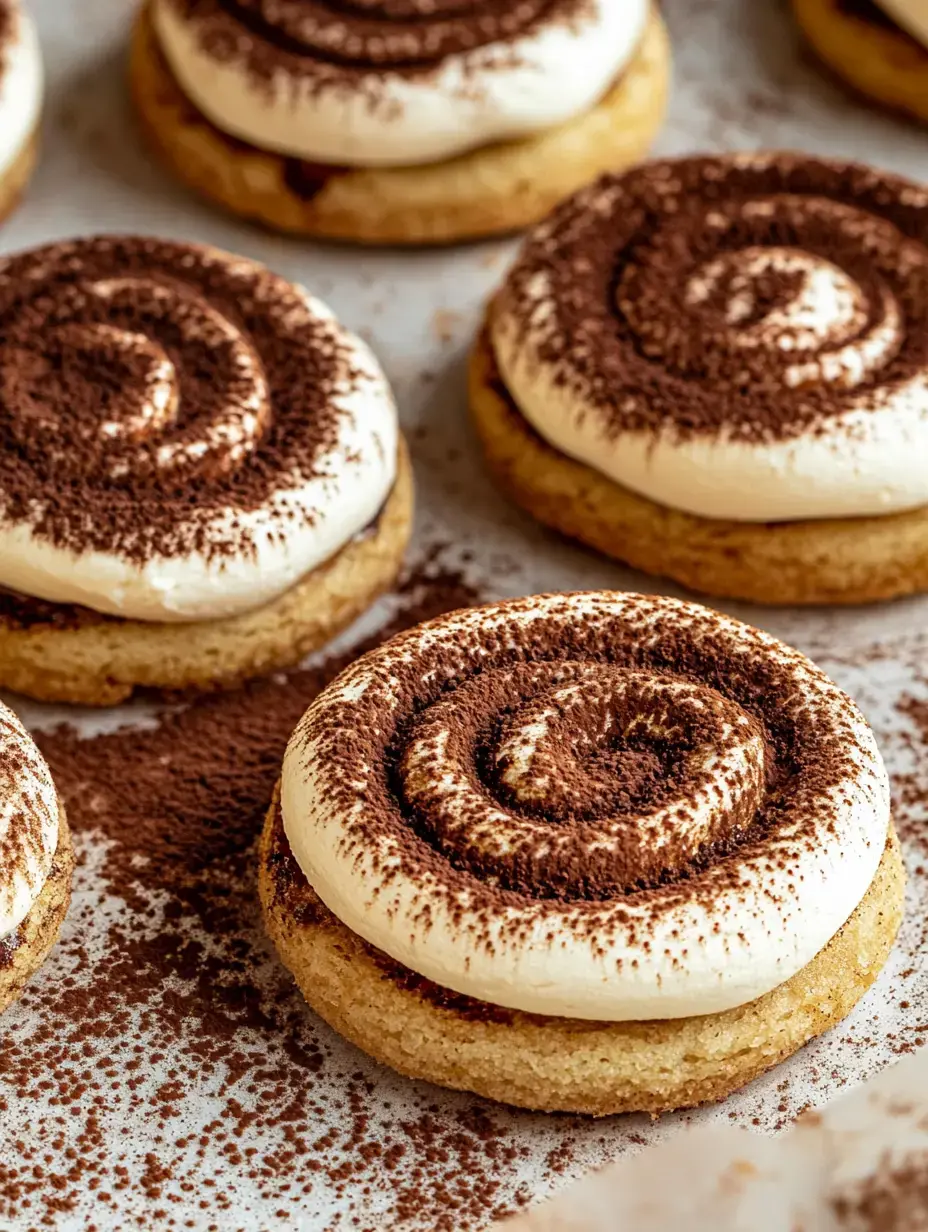 A close-up of dessert cookies topped with a swirl of whipped cream and dusted with cocoa powder.