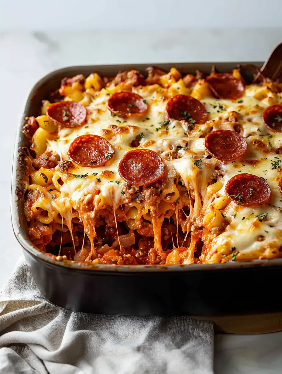 A baked pasta dish with layers of melted cheese, pepperoni, and a hearty meat sauce, served in a black baking dish.