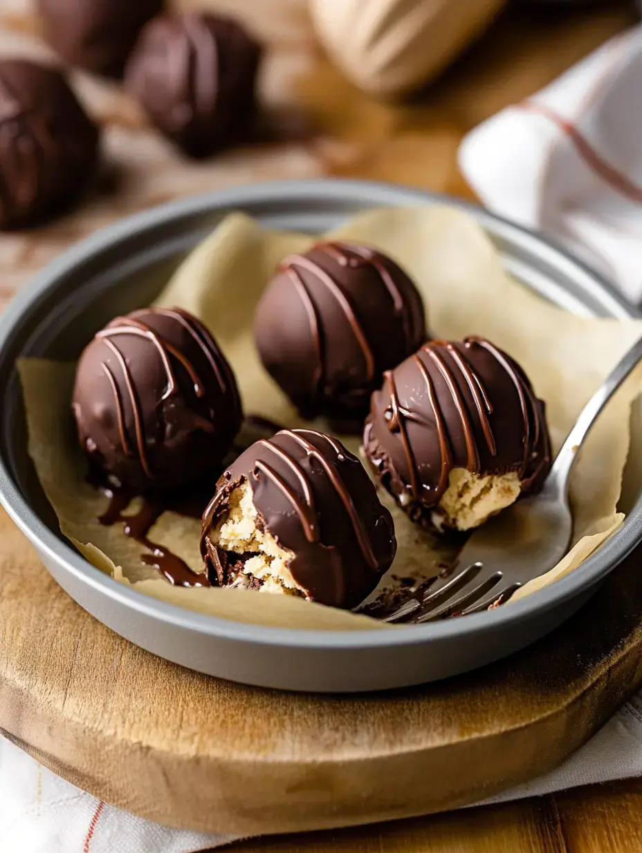 A plate of chocolate truffles with a bite taken out of one, displayed on parchment paper.