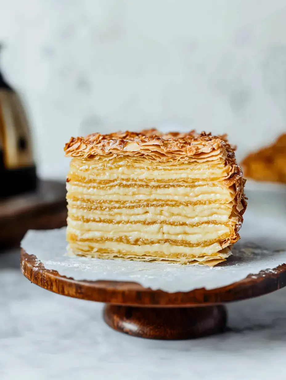 A layered pastry cake with a crispy top sits on a wooden cake stand, with a light dusting of powdered sugar.