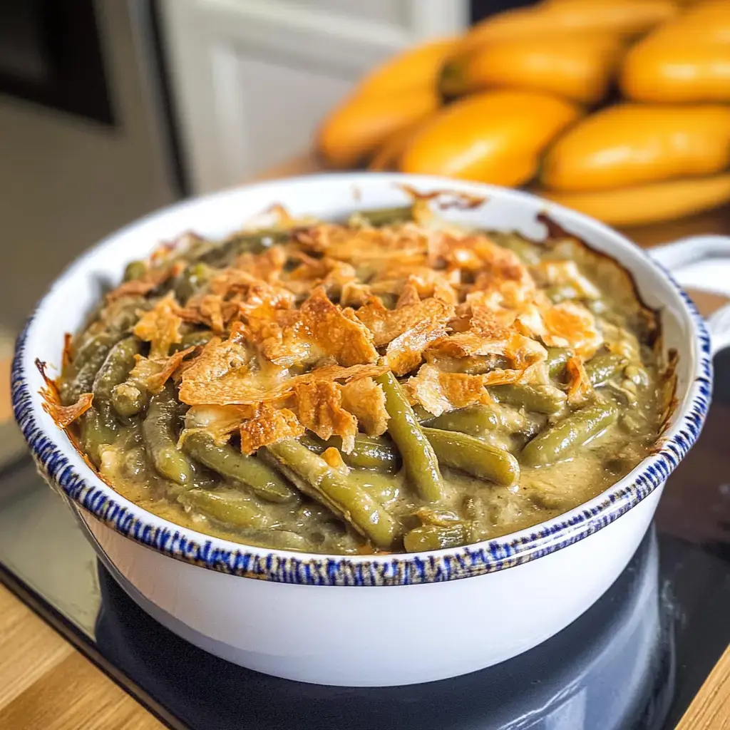 A baked green bean casserole topped with crispy onion pieces, displayed in a white dish, with yellow bell peppers in the background.