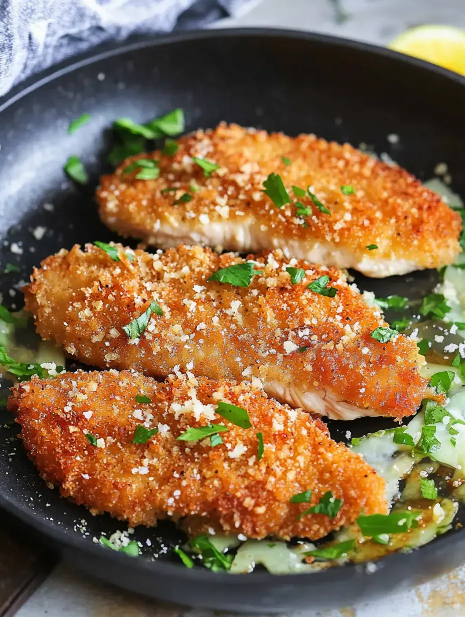 Three pieces of golden-brown breaded fish are garnished with parsley in a black skillet.