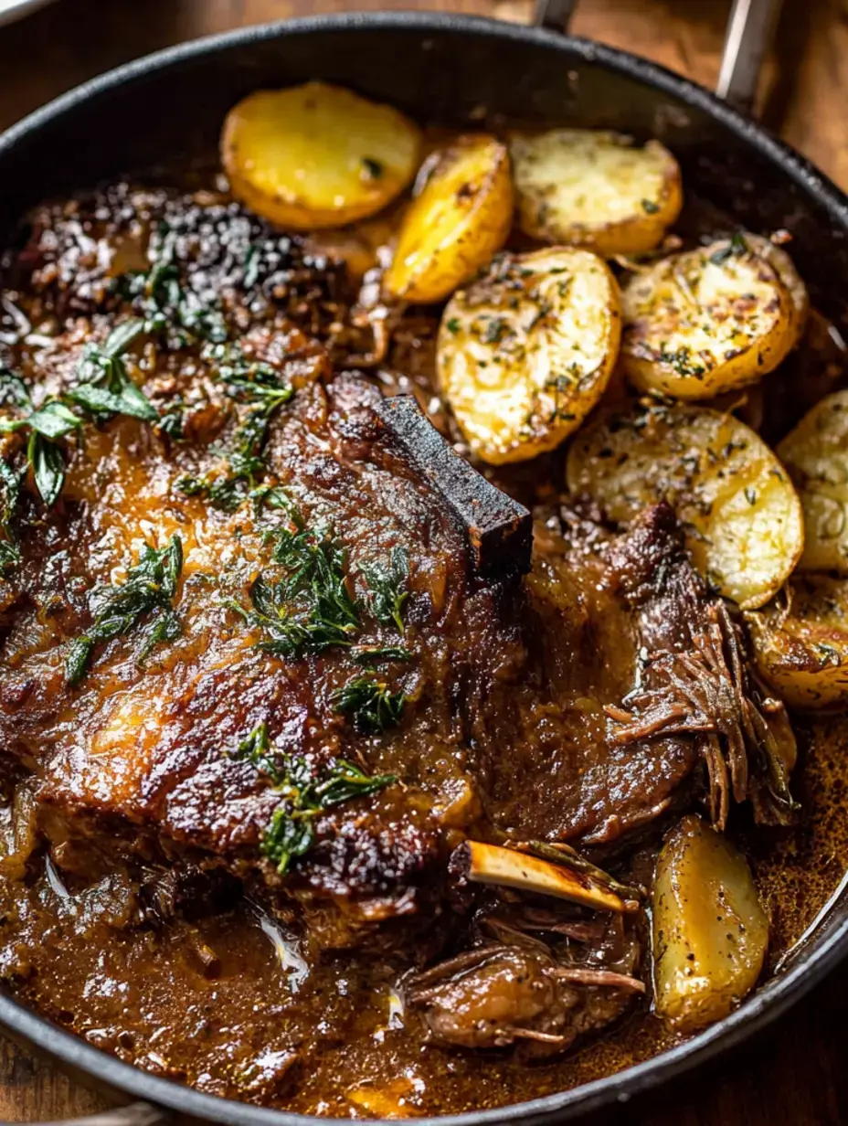 A close-up of a cast iron skillet containing tender, braised meat garnished with fresh herbs and surrounded by golden roasted potatoes.