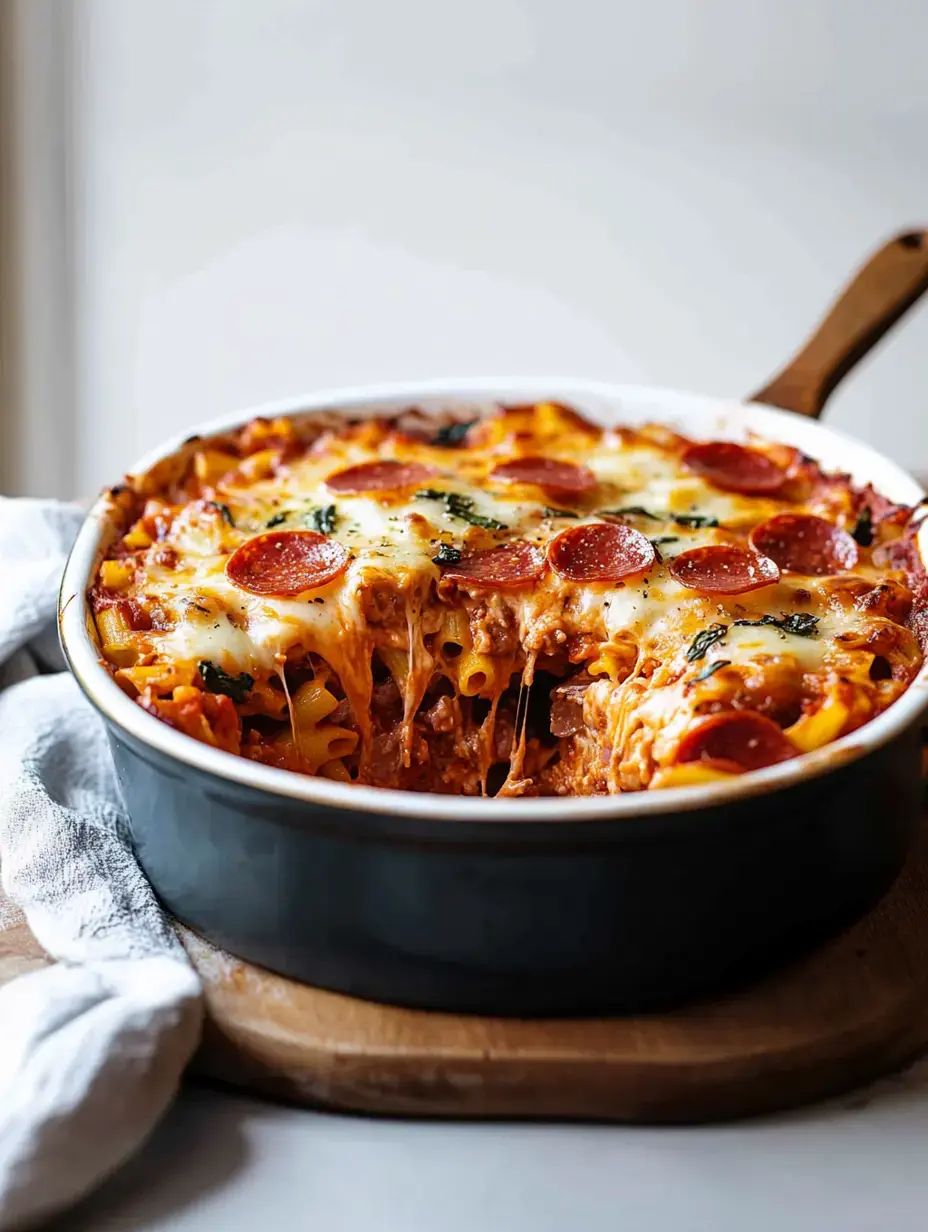 A baked pasta dish topped with melted cheese and pepperoni, served in a black casserole dish on a wooden board.