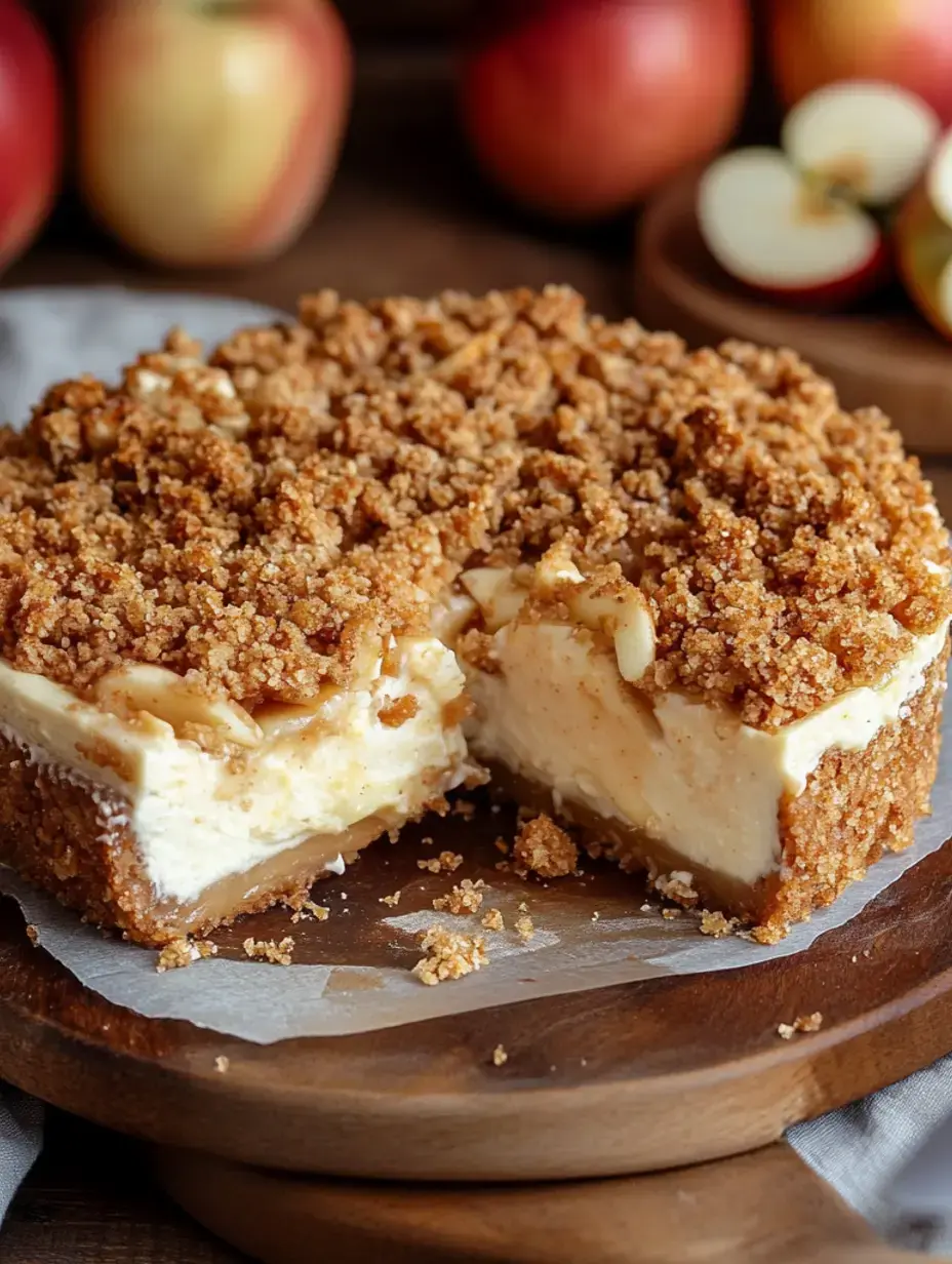 A slice of a creamy apple pie dessert with a crumbly topping is displayed on a wooden surface, surrounded by fresh apples.