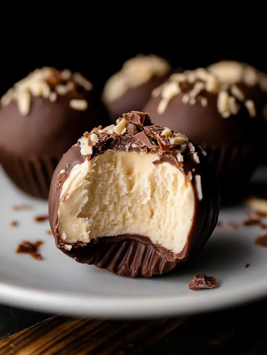 A close-up of a chocolate-coated dessert with a bite taken out, revealing a creamy, light-colored filling and topped with chopped nuts and chocolate shavings.