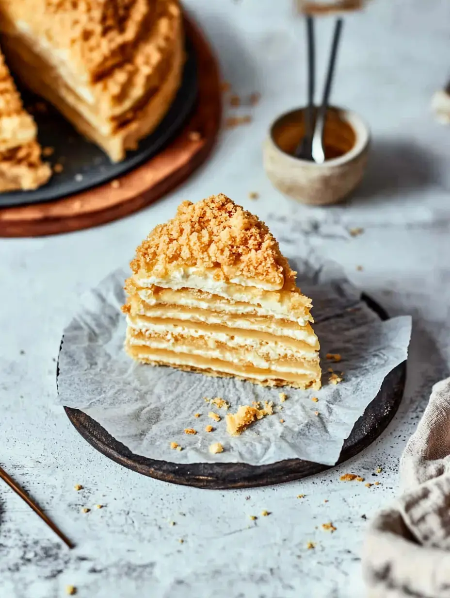 A slice of layered cake with creamy filling and crumbly topping is placed on a rustic wooden plate.