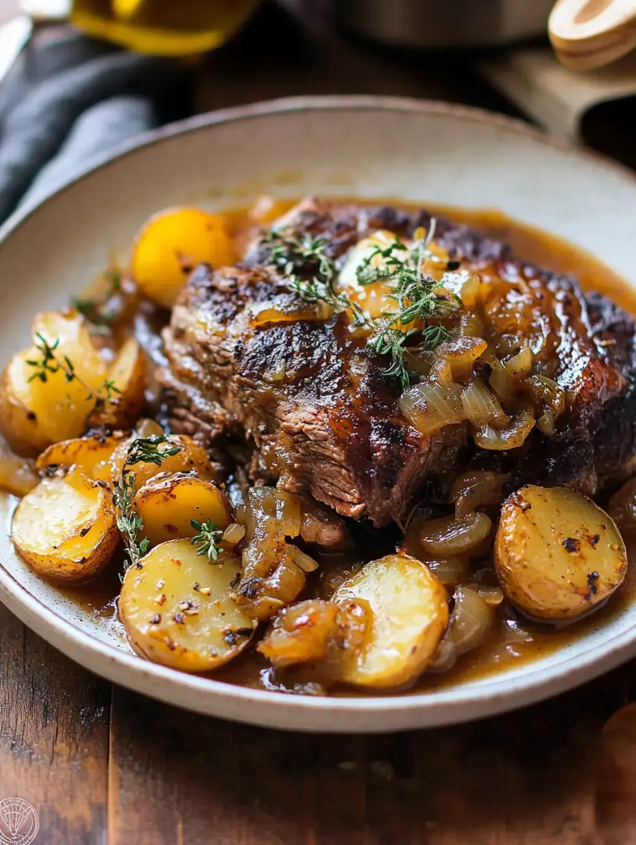 A hearty plate featuring a serving of roast beef with caramelized onions and roasted potatoes, garnished with fresh thyme.