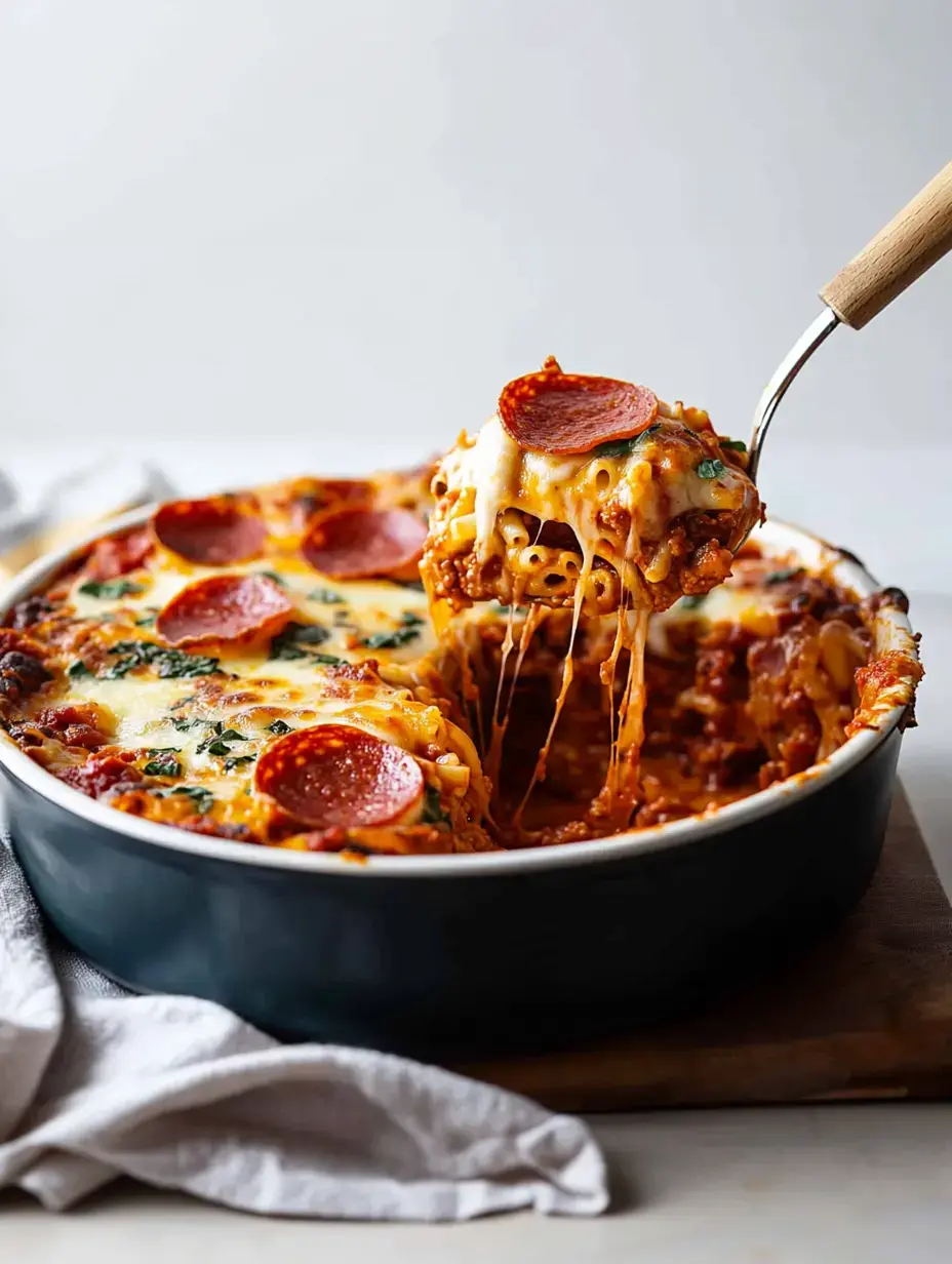 A dish of cheesy baked pasta with pepperoni being lifted from a baking dish, showing melted cheese and a serving spoon.