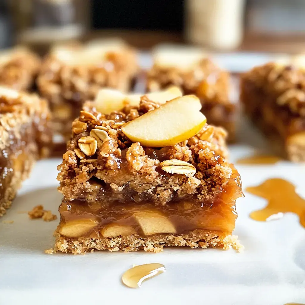 A close-up of a slice of apple crumble dessert topped with oats and fresh apple slices, sitting on a white surface with a drizzle of syrup.