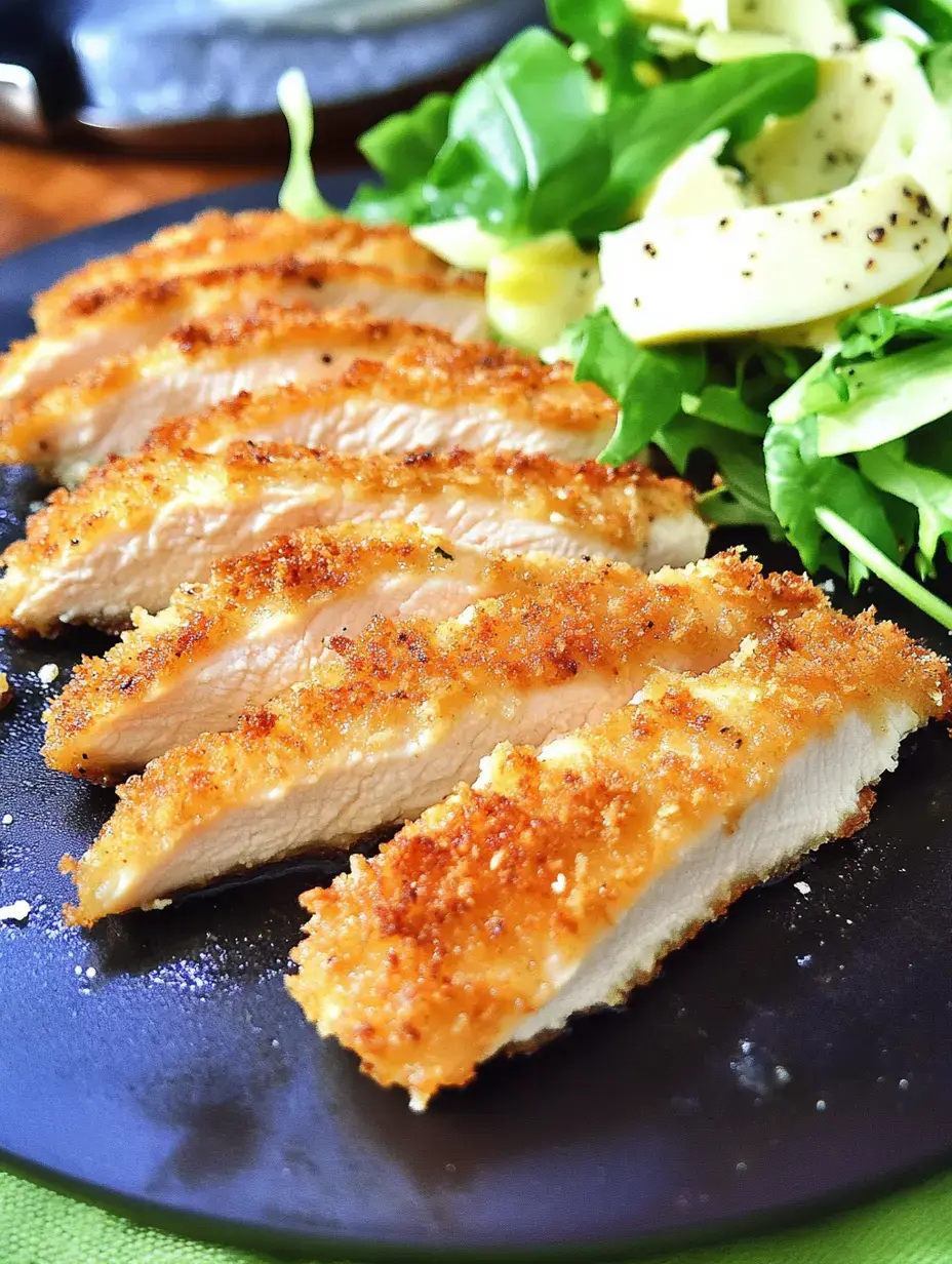 A plate of sliced crispy chicken breast is served alongside a fresh salad of greens and apple slices.