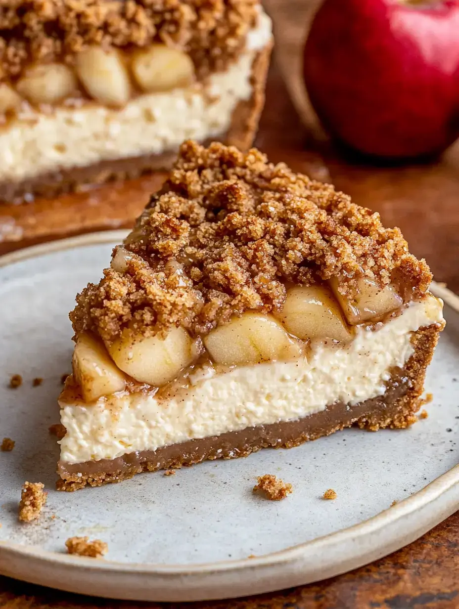 A slice of cheesecake topped with caramelized apples and a crumbly brown sugar topping, served on a plate beside a red apple.