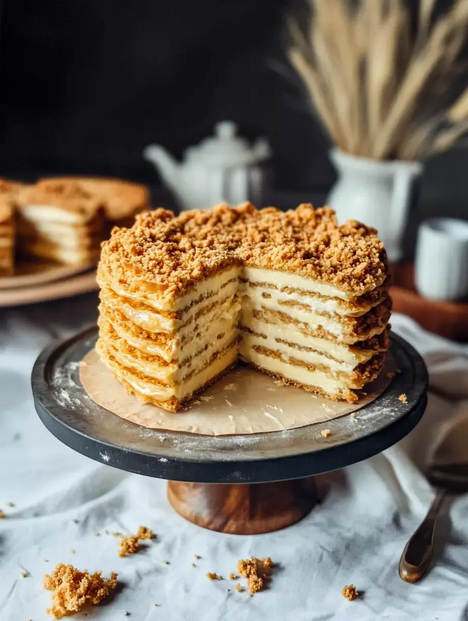 A layered cake with crumb topping is displayed on a cake stand, showcasing a slice removed to reveal its creamy interior.