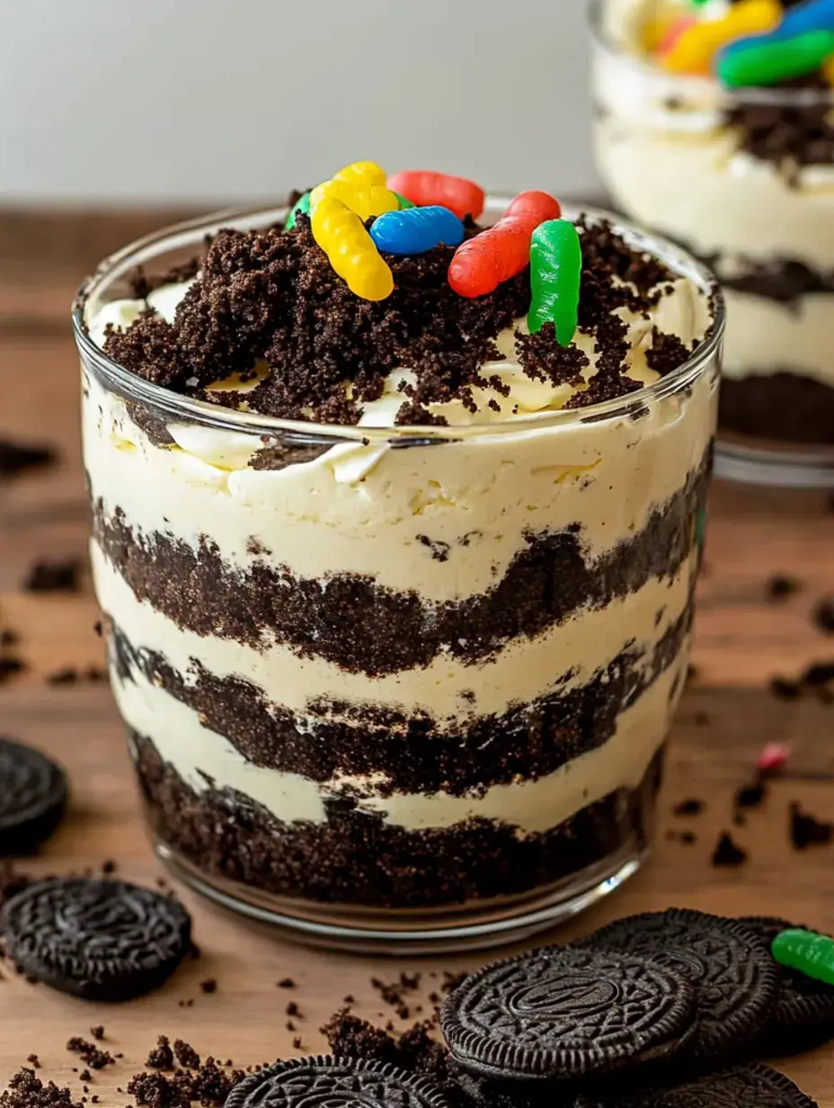 A layered dessert in a glass featuring cream and crushed Oreos, topped with gummy candies and served on a wooden surface with additional Oreos scattered around.