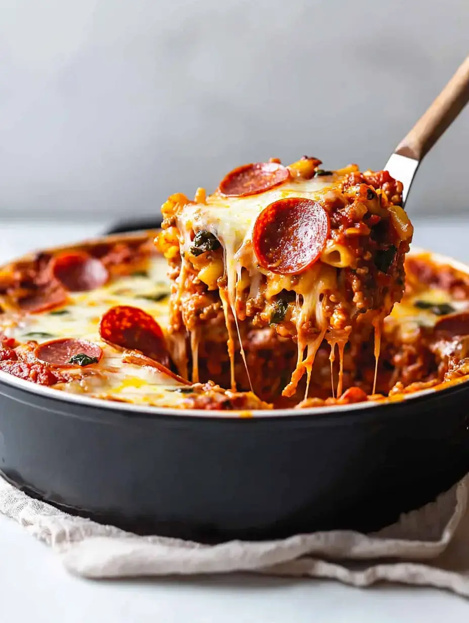 A serving of cheesy baked pasta, topped with pepperoni and mozzarella, being lifted from a black dish.