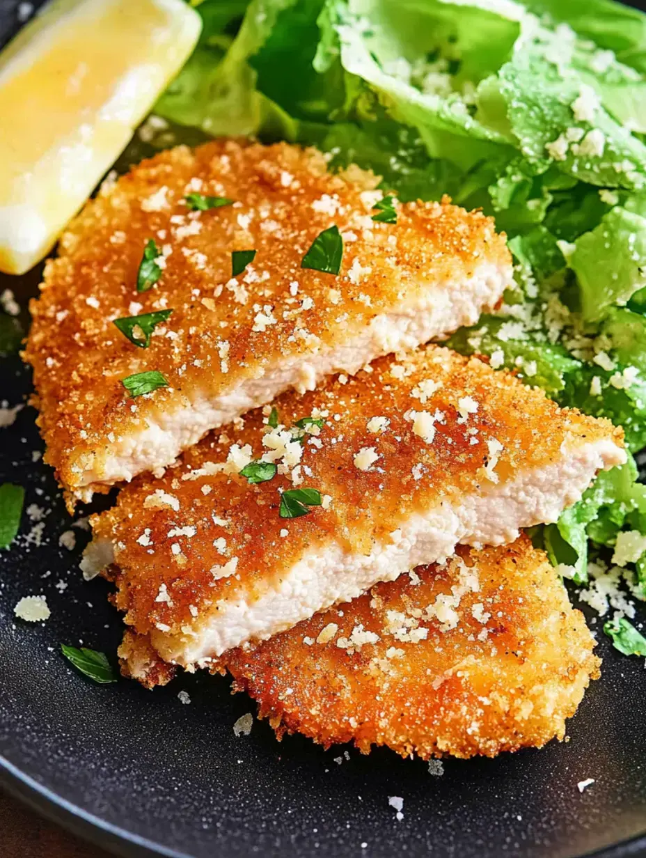 A close-up of breaded and fried chicken fillets garnished with parsley, served on a plate with a wedge of lemon and a side of fresh greens.