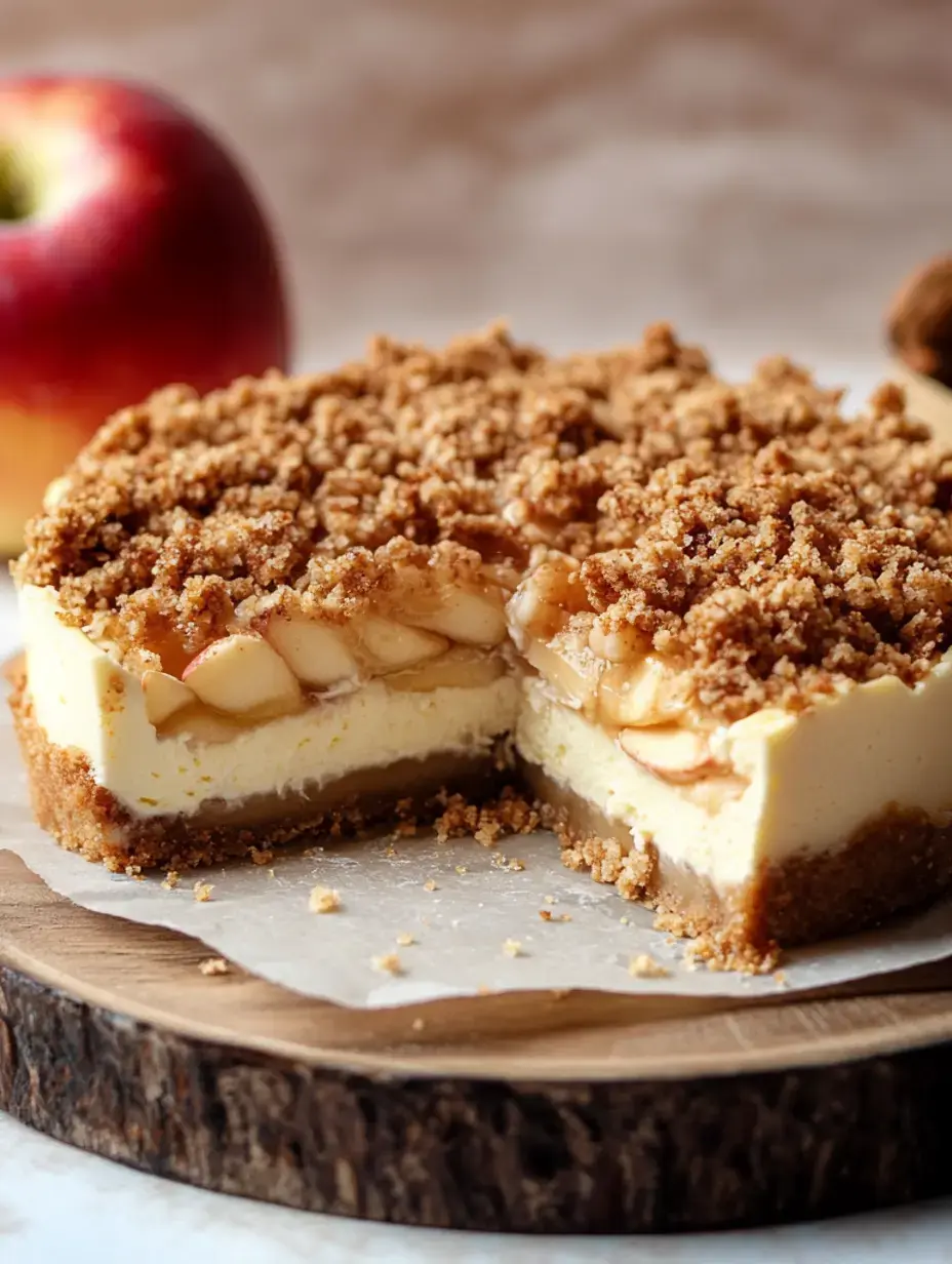 A slice of apple cheesecake with a crumbly topping is resting on a wooden board beside a whole red apple.