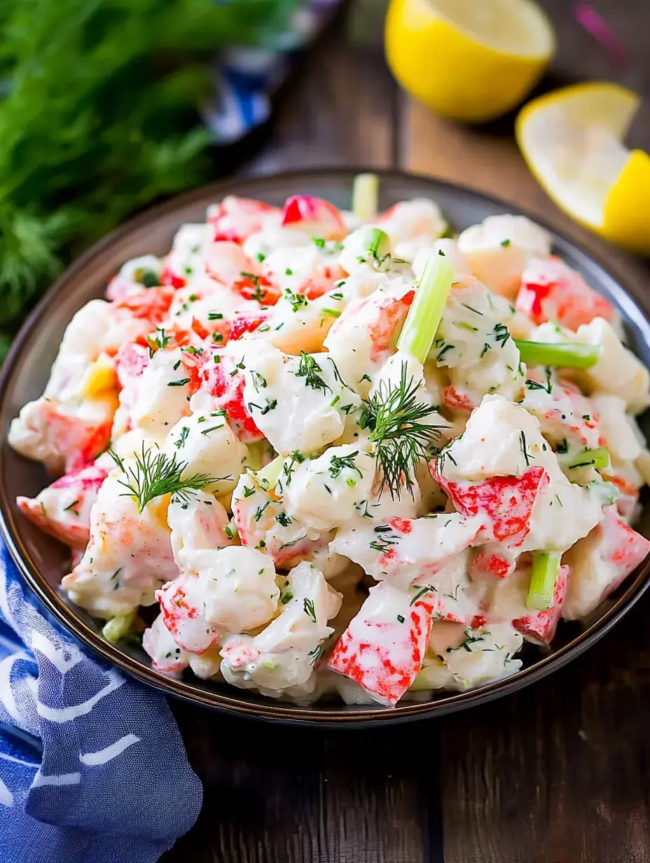 A bowl of creamy seafood salad featuring chunks of crab, celery, and herbs, garnished with dill and surrounded by lemon wedges.