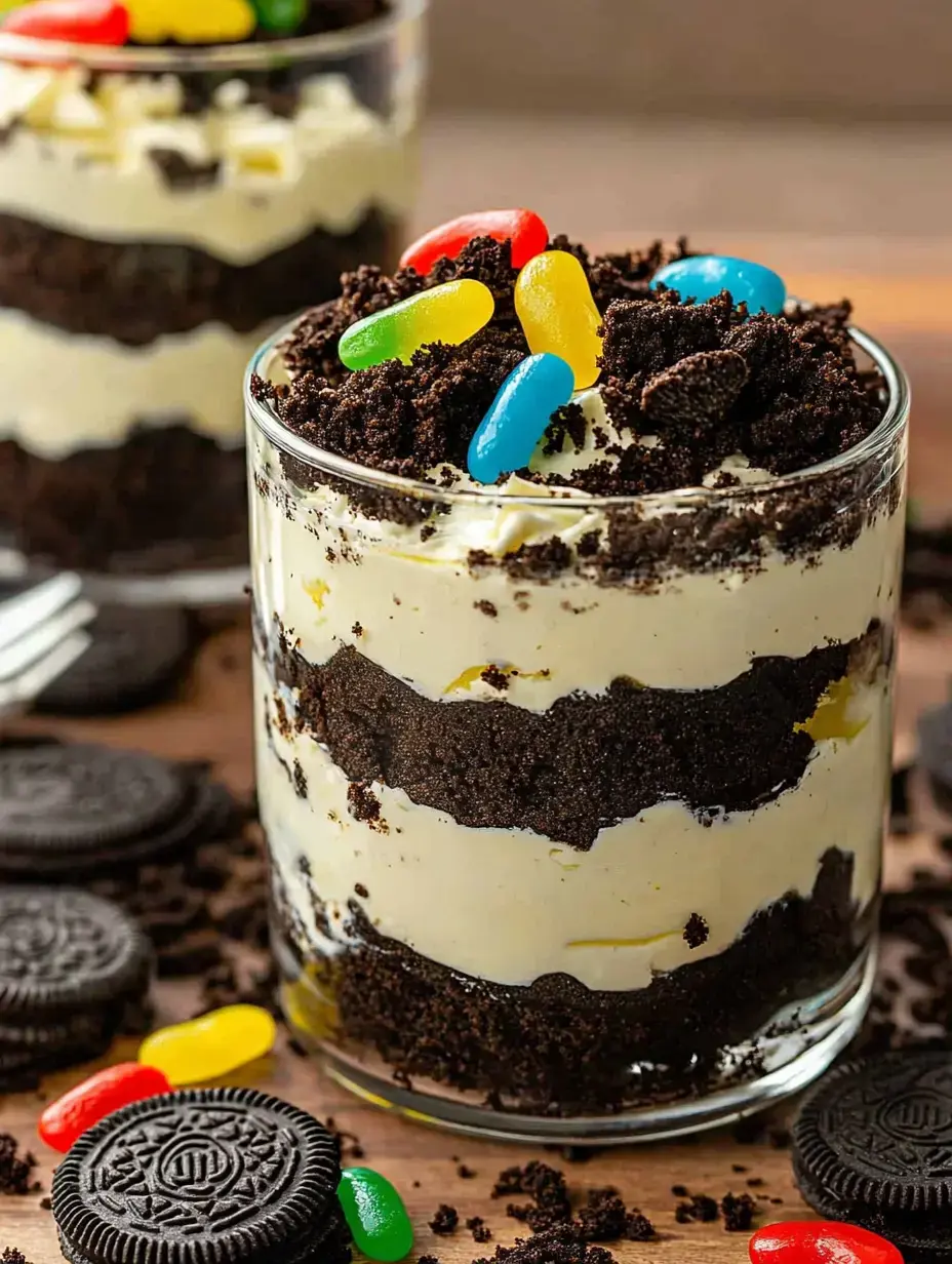 A close-up of a dessert glass layered with crushed chocolate cookies and cream, topped with colorful gummy candies, sitting on a wooden surface with scattered Oreo cookies around it.