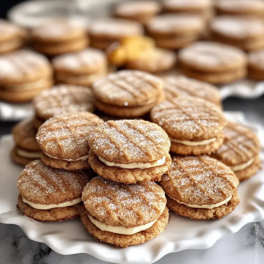 A close-up of a plate stacked with cinnamon-sugar sandwich cookies filled with cream.