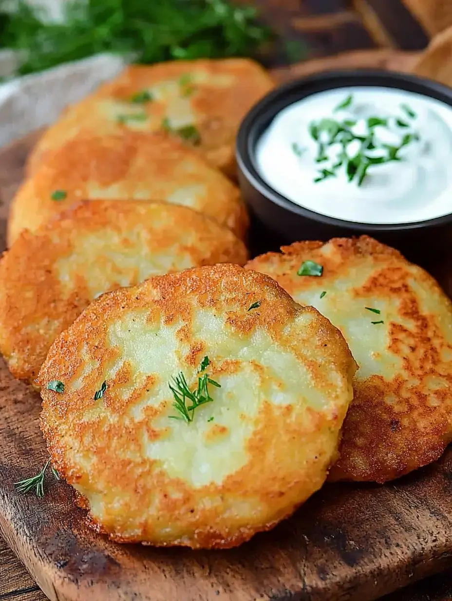 A wooden platter holds several golden-brown potato pancakes garnished with herbs, alongside a small bowl of sour cream.