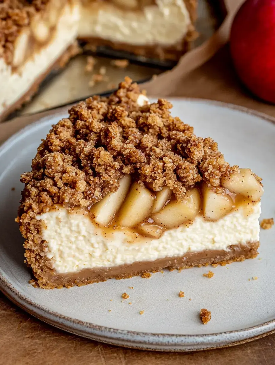 A slice of apple cheesecake topped with a crumbly streusel sits on a plate, revealing layers of creamy filling and spiced apple chunks.