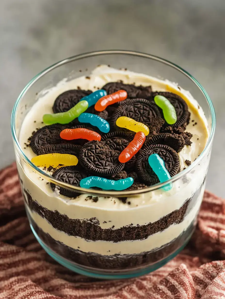 A glass dessert cup layered with cream, crushed Oreos, and topped with colorful gummy worms.