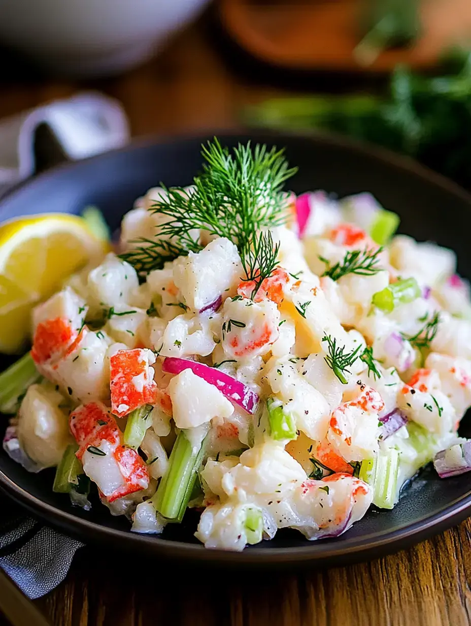 A colorful seafood salad featuring chunks of fish, crab, vegetables, and garnished with fresh dill and a lemon wedge.