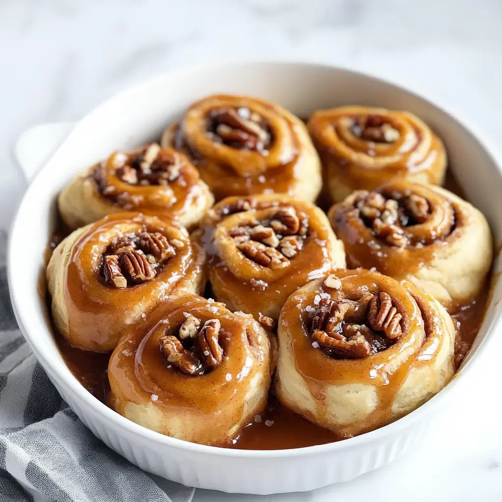 A dish of freshly baked pecan sticky buns drizzled with caramel sauce.