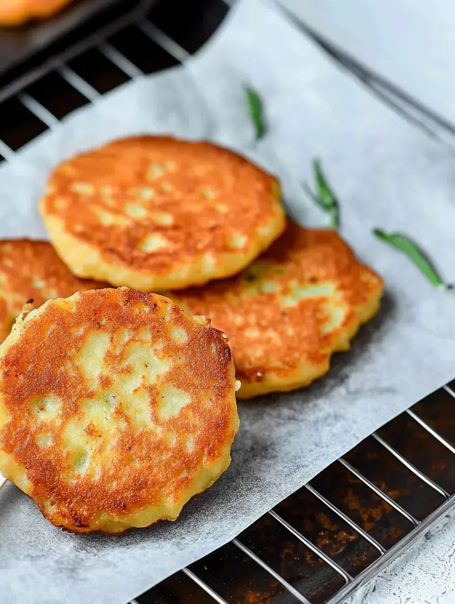 A close-up of golden brown potato pancakes on a sheet of parchment paper, resting on a cooling rack with green herbs nearby.