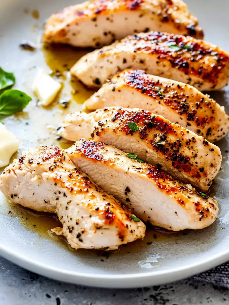 A plate of sliced grilled chicken breast seasoned with herbs and drizzled with olive oil.