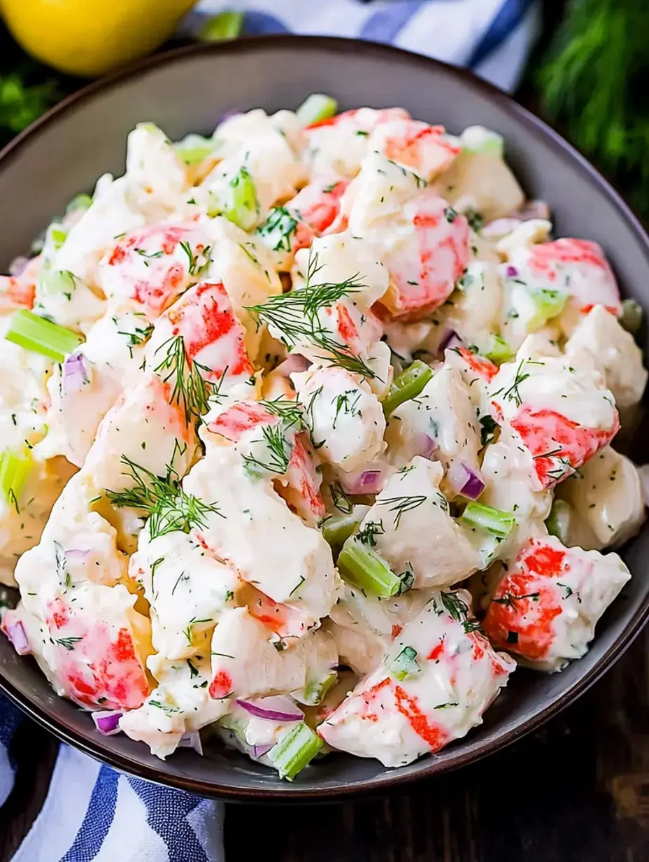 A bowl of creamy salad featuring chunks of lobster, celery, and dill.