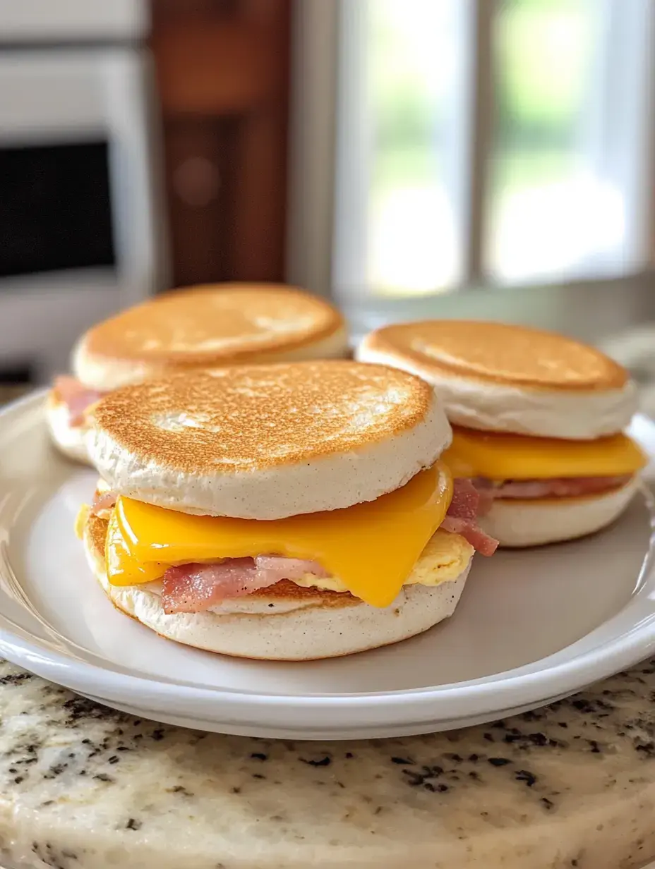 A plate of three breakfast sandwiches made with toasted English muffins, cheddar cheese, ham, and egg.